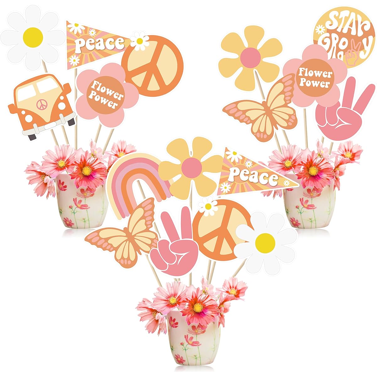 A1diee 30pcs Groovy Retro Hippie Boho Party Centerpieces Table Toppers Rainbow Butterfly Daisy Flower Birthday Decorations Stars Groovy 60s Party Supplies for Girls Baby Shower/Photo Props