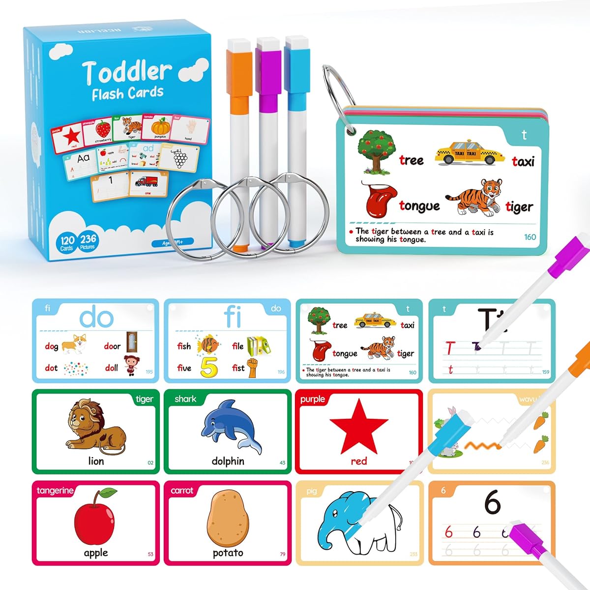 ACEFLY Toddler Flash Cards Set for Babies 18 Months and Up, Animals, Vegetables, Fruits, Colors, 60 Cards, 120 Patterns, Toddler Preschool Educational Flash Cards with Rings (Series I)
