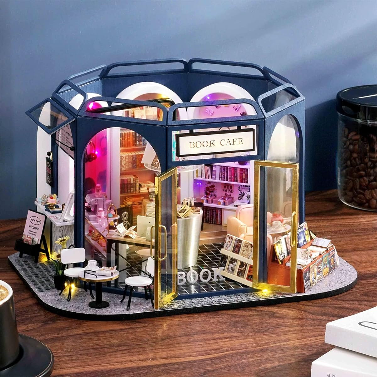 TuKIIE DIY Miniature Dollhouse Furniture Kit 1:24 Scale Creative Room Wooden Christmas Dollhouse Accessories Dustproof for Kids Teens Adults (Book Cafe)