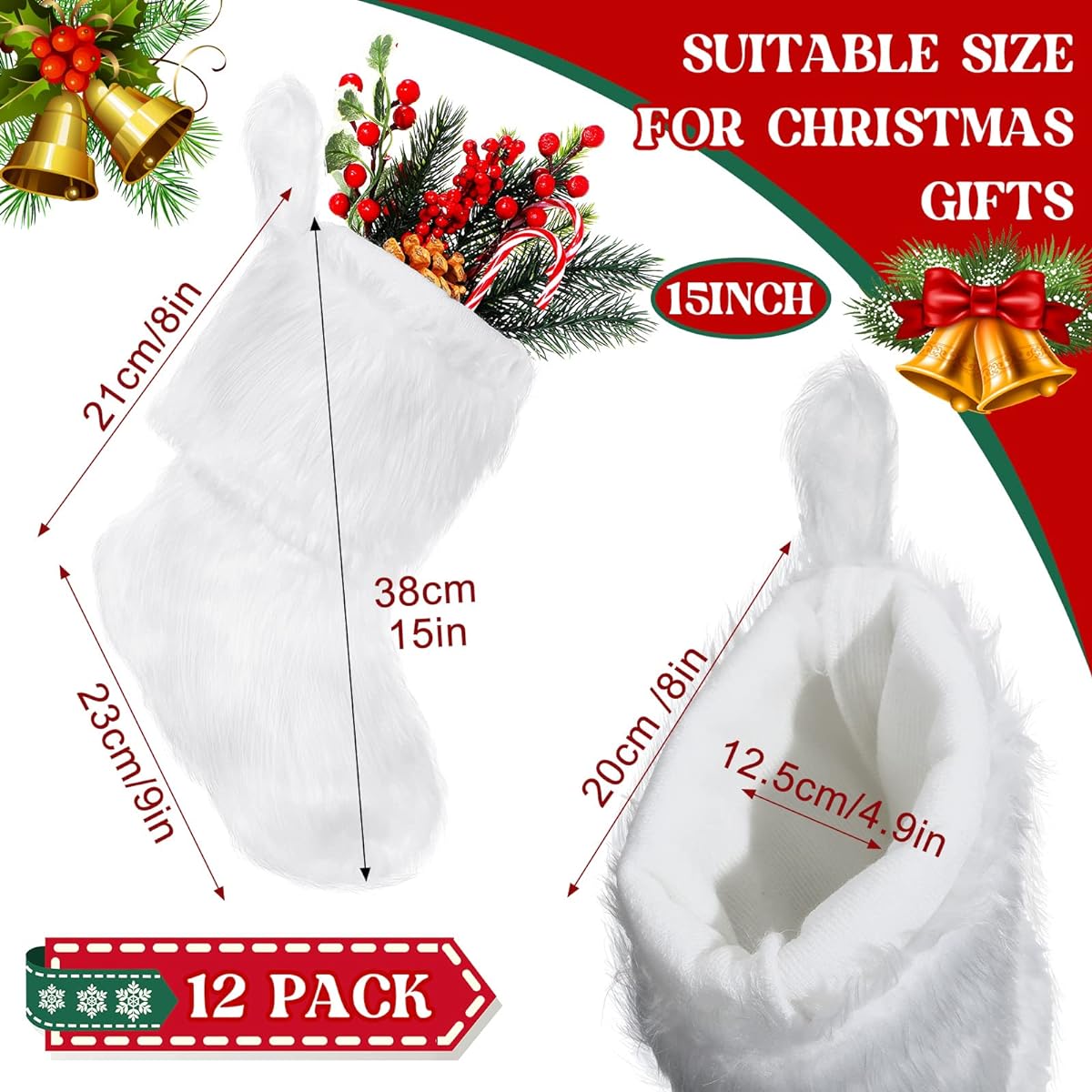 Snow White Christmas Stockings Plush Faux Fur Christmas Stockings Bulk White Christmas Decorations Large Fireplace Hanging Stockings Christmas Candy Gift Bags Family Party Decorations (12pcs, 15inch)