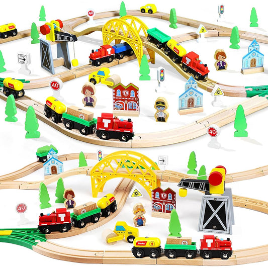 TOY Life 60 Pieces Wooden Train Set Toddler Boys Toys for 3 Year Old Boys Wooden Train Tracks with Crane Thomas Brio Melisa Chuggington Train Track Set Christmas for Boys