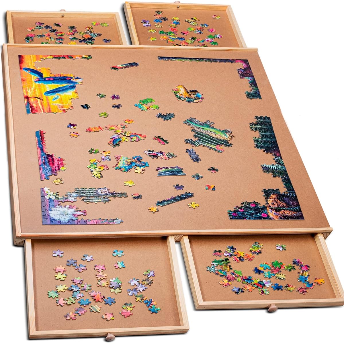 PLAYVIBE 1000 Piece Puzzle Board with Drawers - Jigsaw Puzzle Table with 4 Drawers 22 1/4" x 30" - Wooden Puzzle Organizer - Portable Puzzle Board