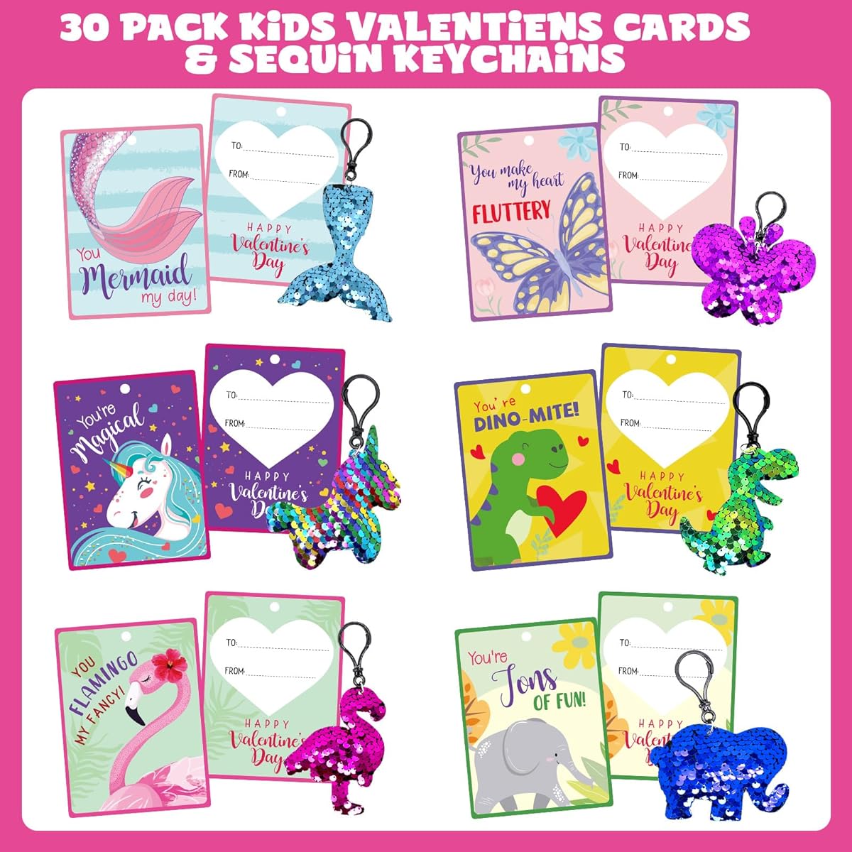 Pseutio 30 Pack Valentine's Day Gifts for Kids Classroom with Sequin  Keychain Valentine Cards for Kids/Classroom/School/Valentine Gift Exchange