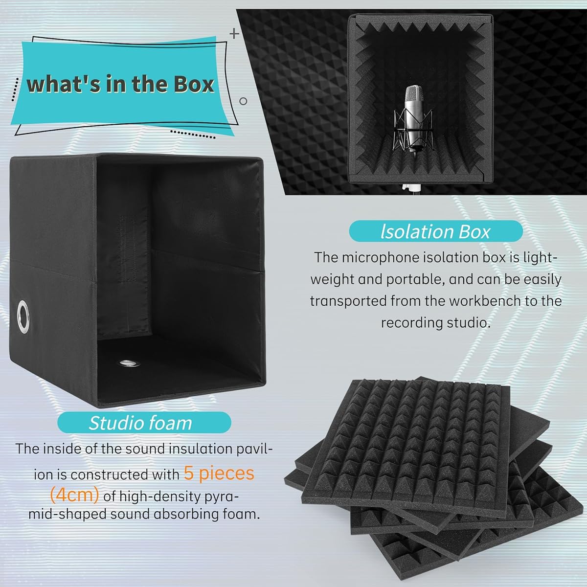 Portable Sound Recording Shield Box, Microphone Isolation Booth Box with Sound Absorbing Foam, Foldable, Stand Mountable, Suitable for Studio, Blog, Vocal Use