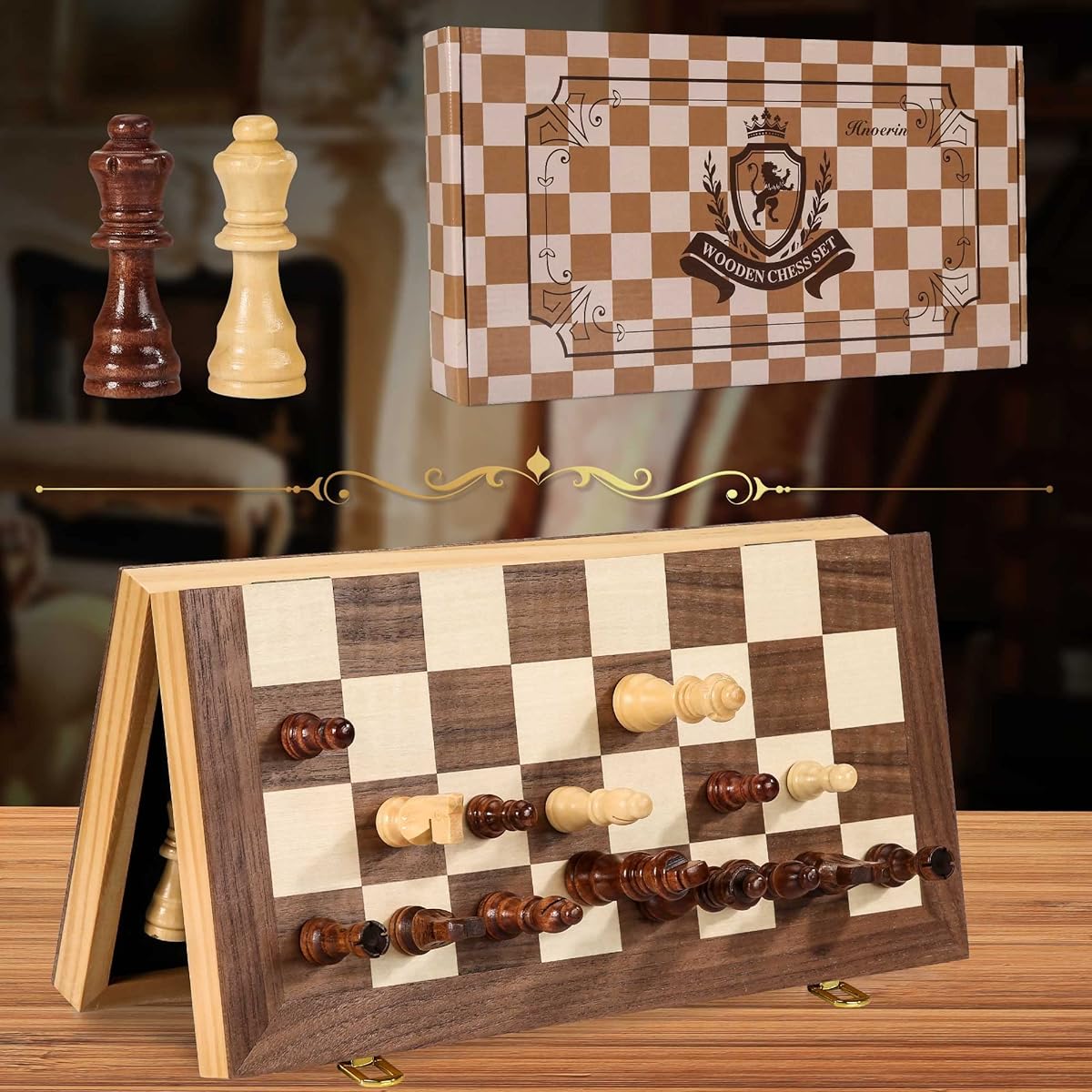 Hnoerin Chess Board, Magnetic Chess Set, Wooden Travel Chess Set for Adults and Kids, Folding Chess Board Set with Handmade Chess Pieces and Extra Queen, Perfect Gift for Friends