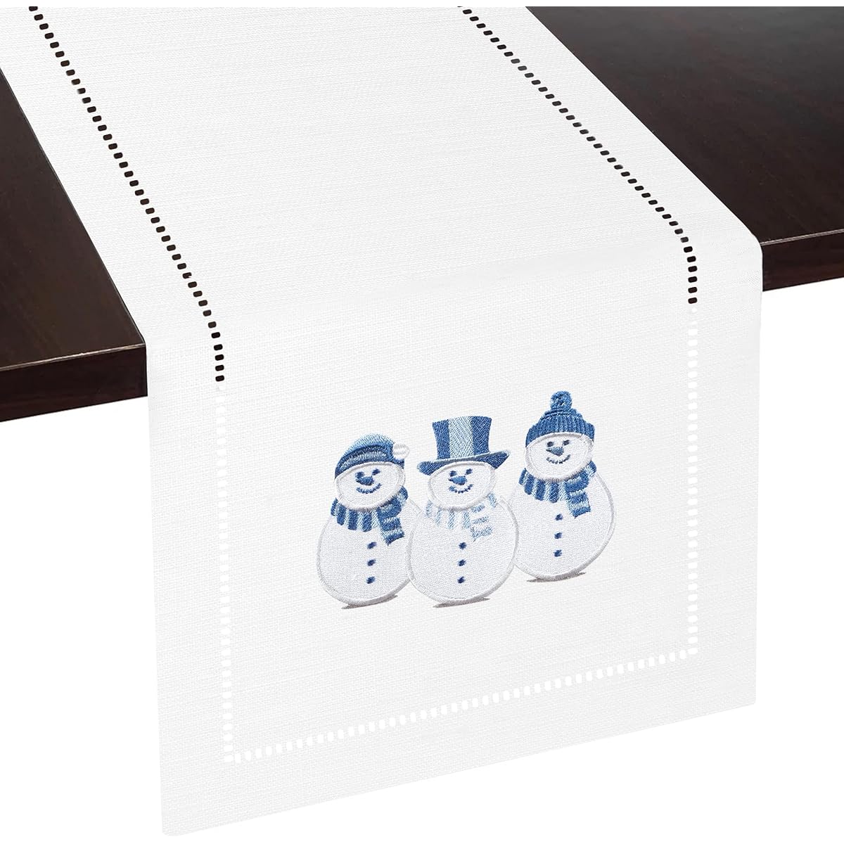 Brio Trends Christmas Decor - Elegant Blue & White Embroidered Snowman Table Runner with Hemstitched Border, Ideal Christmas Decorations for Winter Holidays and Farmhouse Decor (13" x 72")