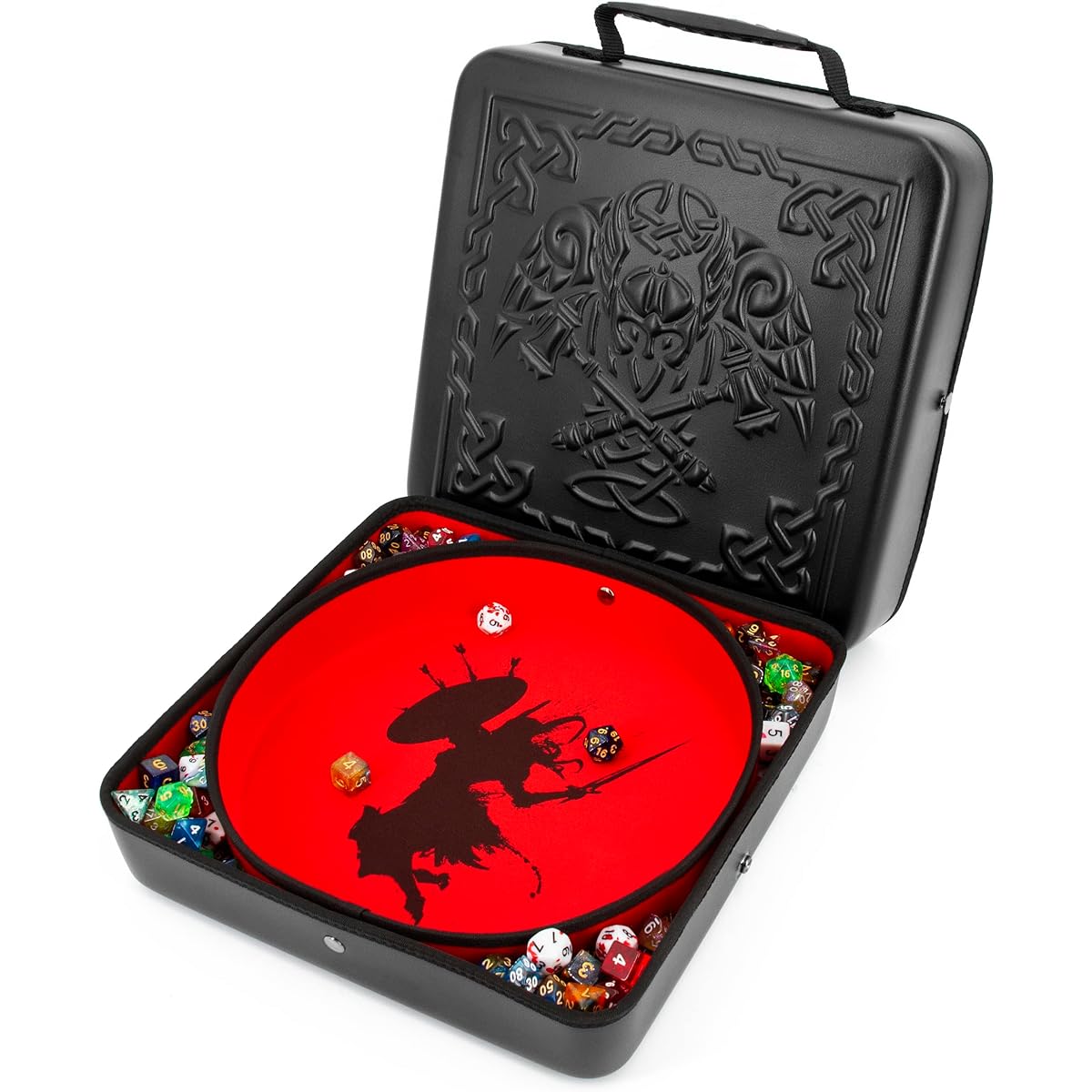 CASEMATIX XL Dice Tray and DND Dice Holder Travel Case for up to 700 RPG Dice Extended Design 3 Dice Rolling Tray Arena Embossed PU Leather Exterior Printed Dice Tray