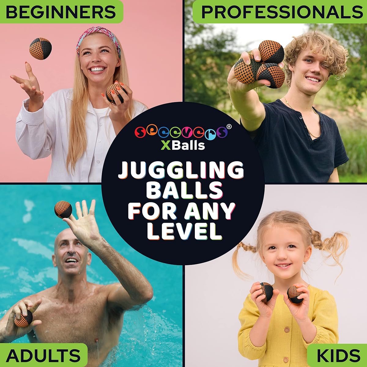 speevers Juggling Balls for Beginners and Professionals, Set of 3, Available in 14 Colors, Includes Net and Carry Case, Xballs Juggling Balls, Black - Orange, 3.2 oz