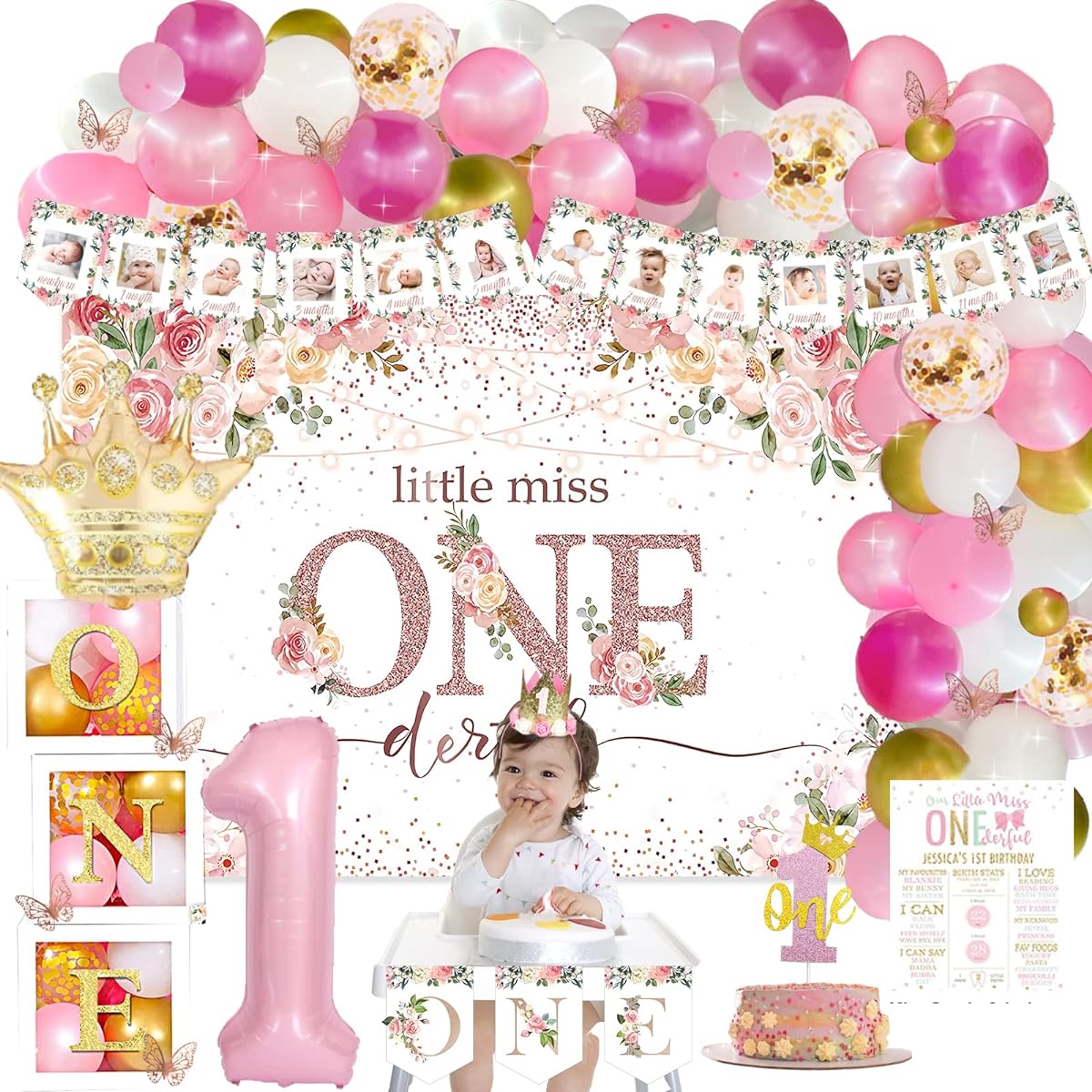 Fiesec First Birthday Decorations for Girls 125 Pieces Little Miss Onderful 1st Birthday Party Decorations Background Balloon Garland Monthly Photo High Chair Banner Box Cut Out Cake Topper Crown Poster