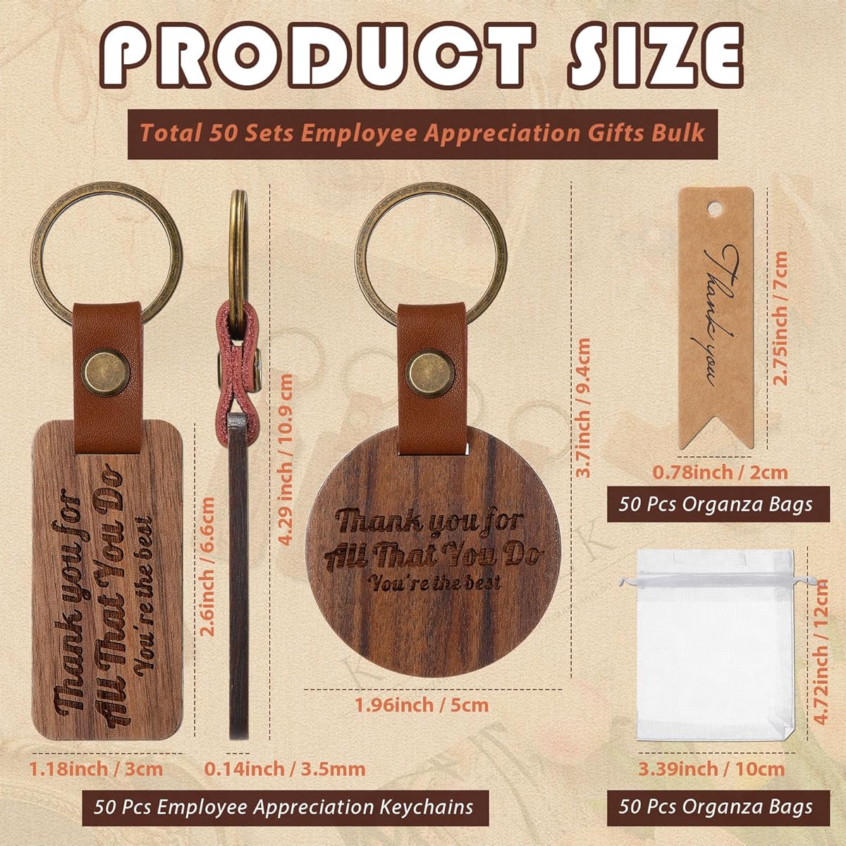Huquary 150pcs Christmas Employee Gifts Appreciation Keychains Bulk - 50 Leather Wood Keychains, 50 Organza Bags, 50 Thank You Cards, Appreciation Gifts for Coworkers (Trendy)