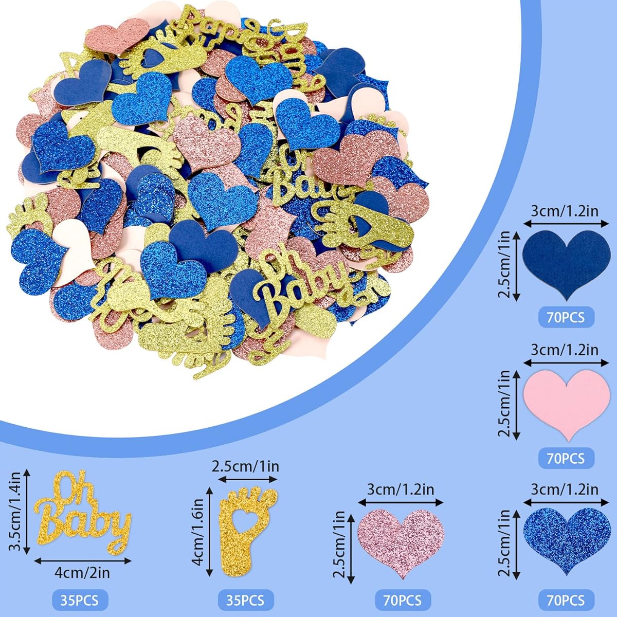 MARFOREVER 350 Pieces Gender Reveal Confetti Baby Shower Decoration Navy Blue Rose Pink Glitter Heart Gold Oh Baby Footprints Confetti Gender Reveal Party Wedding Tabletop Paper Scrap Decoration
