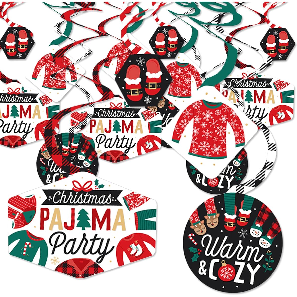 Big Dot of Happiness Christmas Pajamas - Holiday Checkered PJ Party Hanging Decorations - Party Decoration Swirls - Set of 40