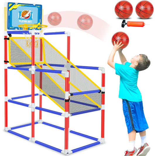 Auggie Kids Basketball Hoop Arcade Game Set with Ball Pump, Adjustable Height, Toddler Indoor Outdoor Basketball Goal Toy Yard Game for Boys Girls 3-5 4-8 Sports Toys Ages 2 3 4 5 6 7 8