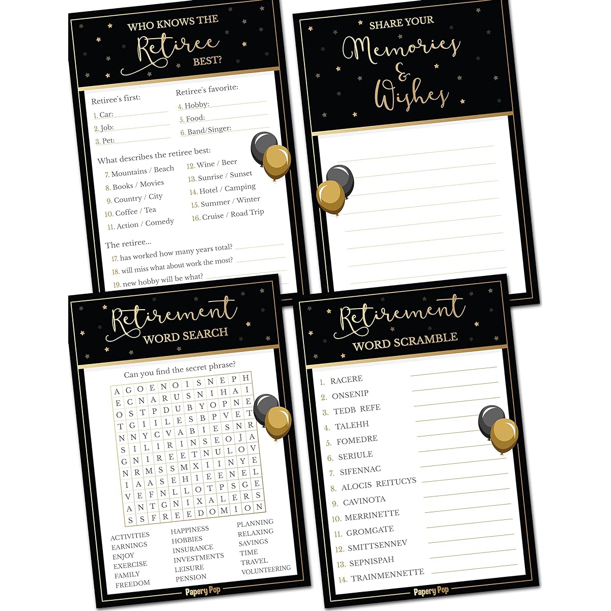 Retirement Party Games Set of 4 - Serves 30 Guests - Double-Sided Cards - Retirement Party Supplies