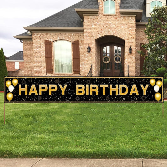 ANATANOWOR Black Gold Birthday Party Decorations Happy Birthday Banner for 16 Years Old 18 Years Old 21 Years Old 30 Years Old 40 Years Old 50 Years Old 60 Years Old 70 Years Old Birthday Party Decorations (119.7x19.7 inches)