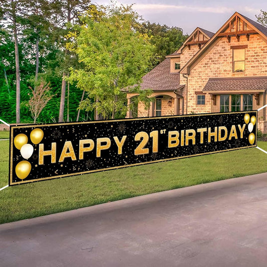 ANATANOWOR 21st Birthday Decorations for Boys and Girls, Black and Gold Happy 21st Birthday Decorations Banner, 21st Birthday Party Supplies(298"x20")