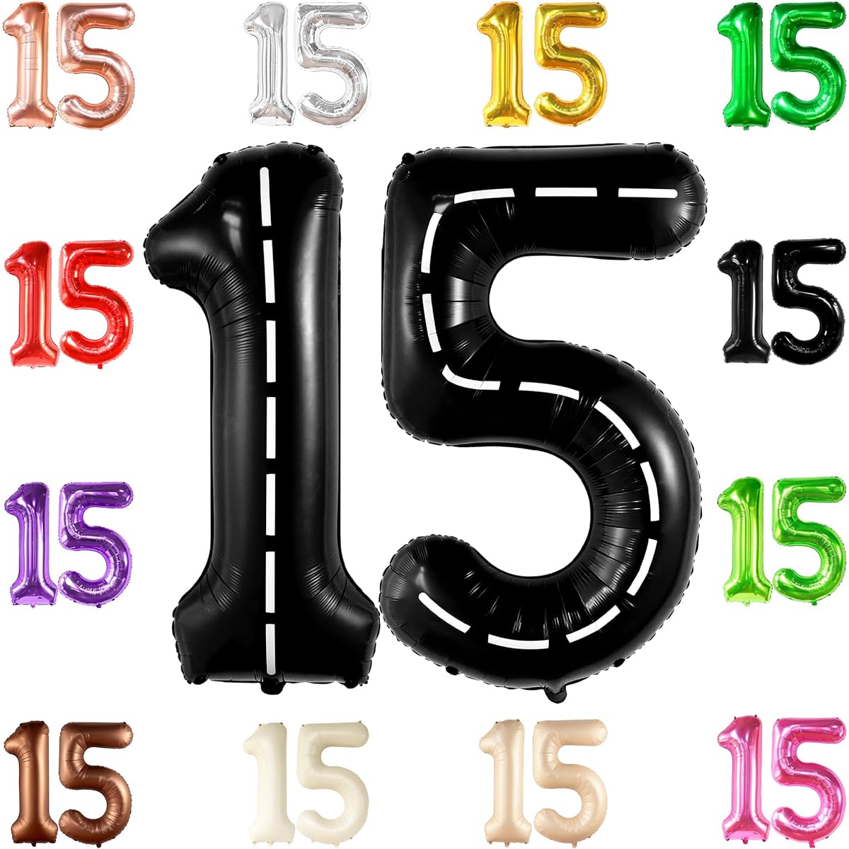 KatchOn, Gaint Race Car Number 15 Balloons - 40 Inch | Black 15th Birthday Balloons | 15th Birthday Decorations | For 15th Birthday Decorations | 15th Birthday Decorations | Number 15 Balloons