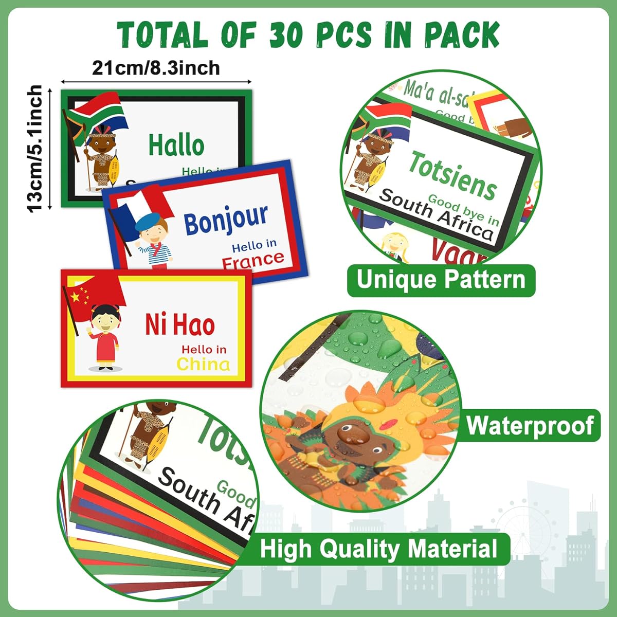 gisgfim 30 Pieces Greetings from Around the World Cutouts Diversity Learning Language Classroom Decoration Multicultural Language Cutout Supplies for Classroom/School/Home Decoration