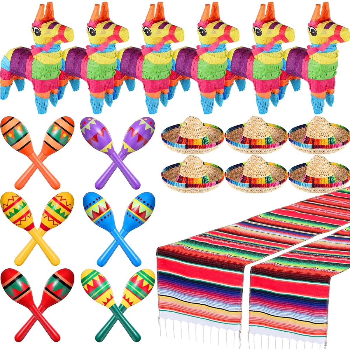 Libima Mexican Party Decorations 26 Pieces Donkey Pinata 6 Pieces Large Fiesta Maracas 12 Pieces Mexican Serape Table Runner 6 Pieces Mexican Sombrero Party Hats for Party Decorations for Mexican Style Events
