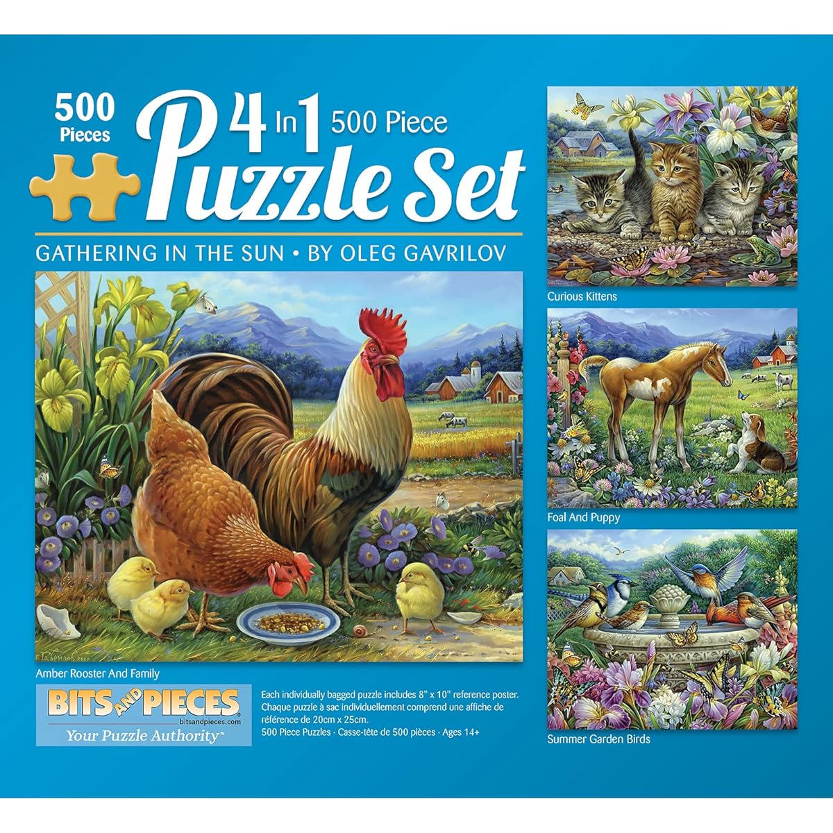 Bits and Pieces - Multi-Pack (4) 4-in-1 500 Piece Jigsaw Puzzle for Adults - Puzzle Dimensions 16" x 20" - 500 Pieces Kitten Puppy Rooster Family Summer Garden Bird Jigsaw Puzzle Artist Oleg Gavrilov