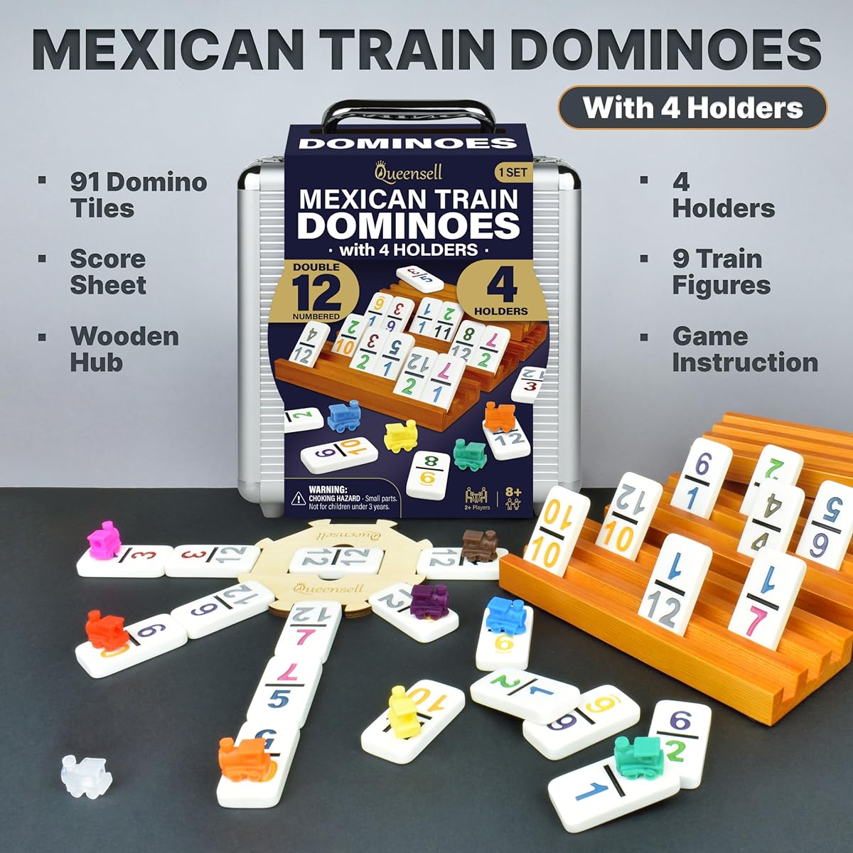 Queensell Mexican Train Domino Set with Numbers and 4 Holders Domino Tile Board Game