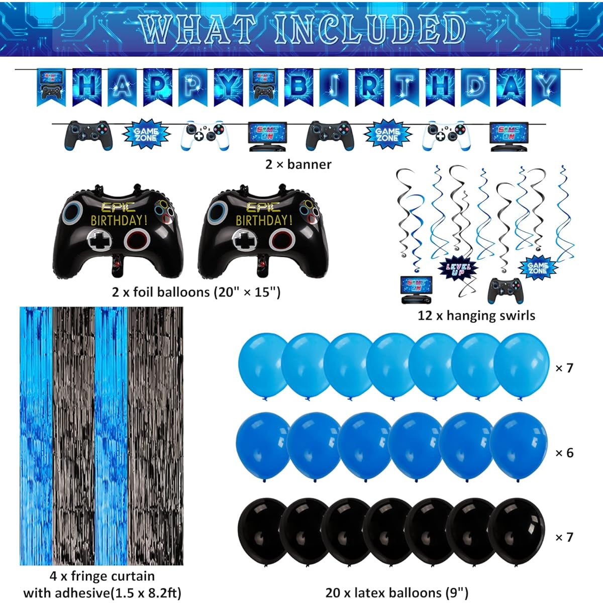 DECORLIFE 99 Pieces Gamer Birthday Decorations Video Game Party Favors for Boys, 24 Pieces Cupcake Toppers, Wristbands, Photo Booth Props