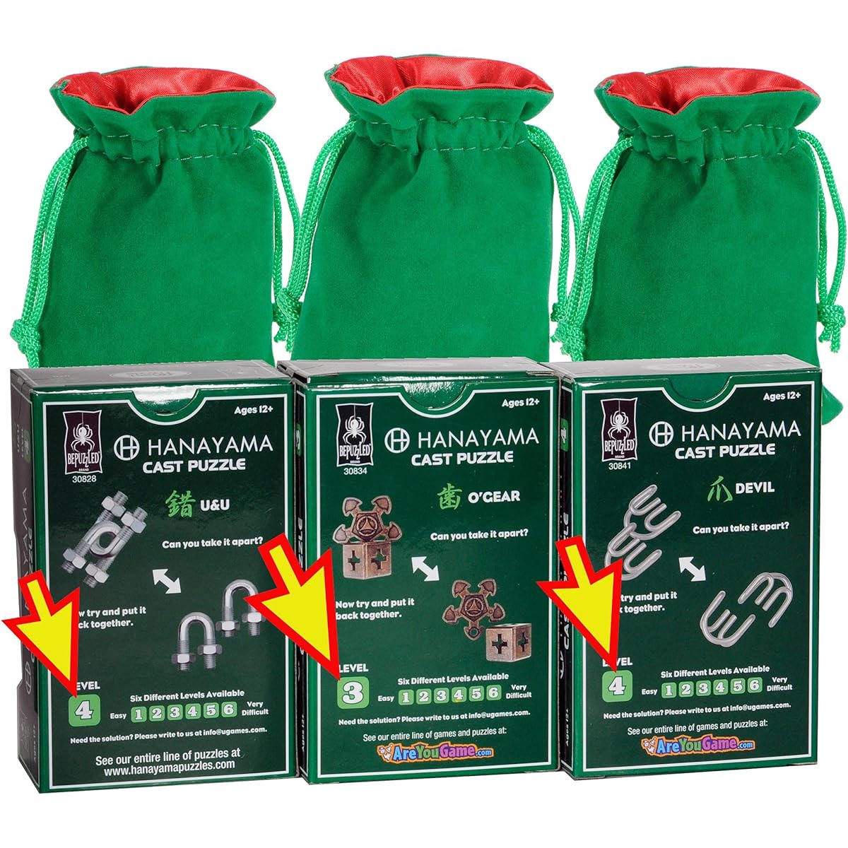 O'Gear U&U Devil Hanayama Brain Teaser Puzzle Set 3 Green Velvet Red Satin Lined Drawstring Pouch