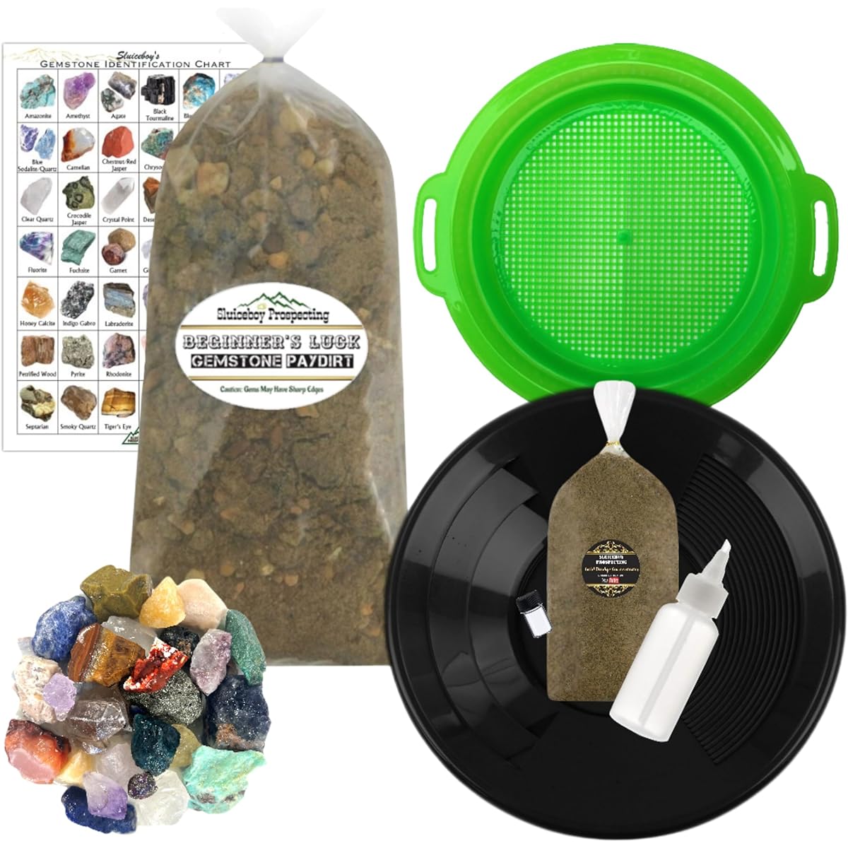 Sluiceboy Prospecting Gold & Gemstone Kit | Small | Gem Pay Dirt | Gold Pay Dirt | Gold Panning Kit Sieve + More | Gem Chart | Rough Gold & Gem Mining