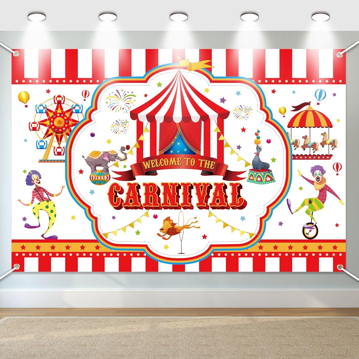 Welcome to the Carnival Backdrop, Circus Theme Party Background, Extra Large Red and White Stripes Backdrop, Carnival Theme Party Decorations, Kids Birthday Party Supplies, 71x47inch Carnival Banner