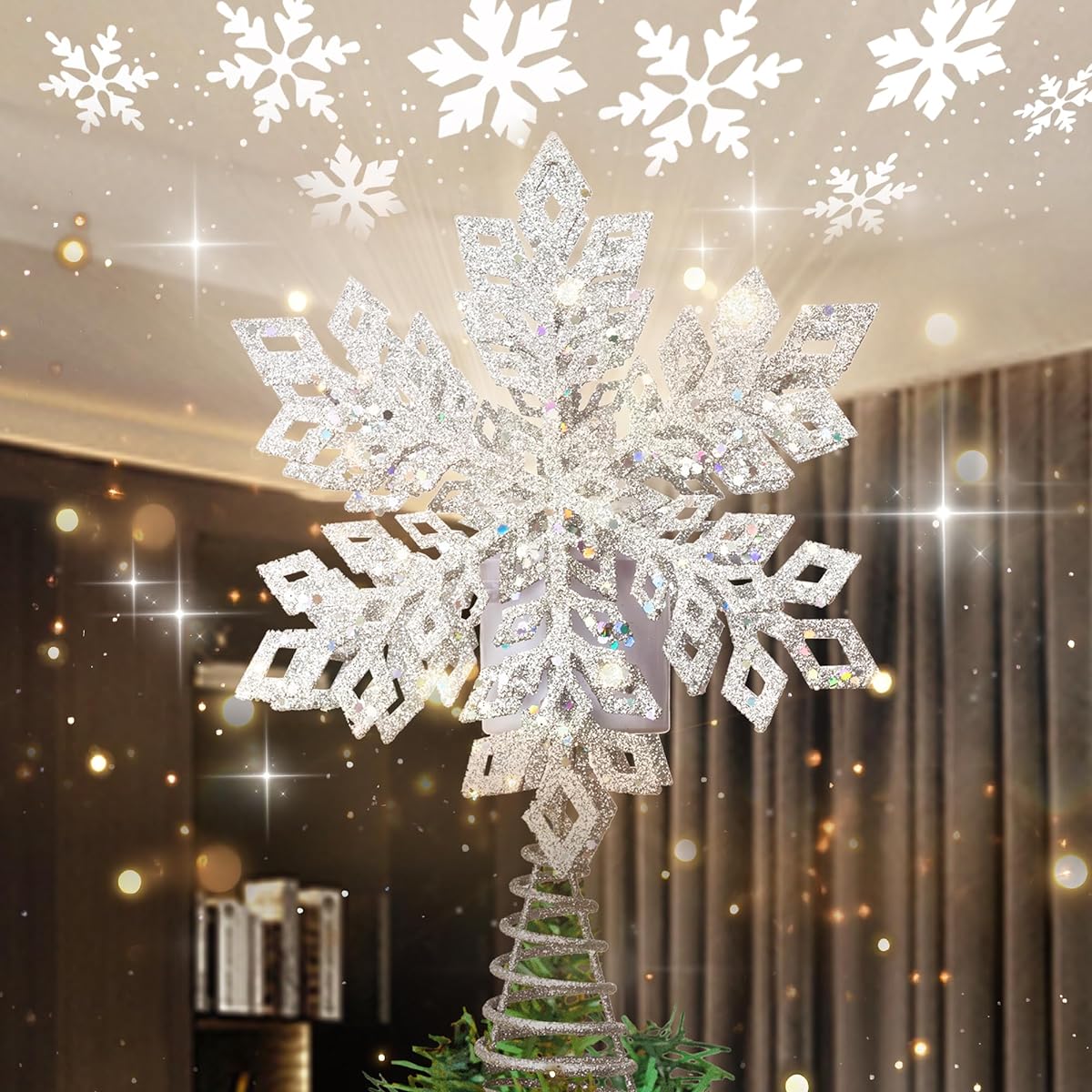 Joiedomi Christmas Tree Topper Silver Snowflake Tree Topper LED Rotating White Star Snowflake Projector Light Christmas Tree Decorations Holiday Party Indoor Decor