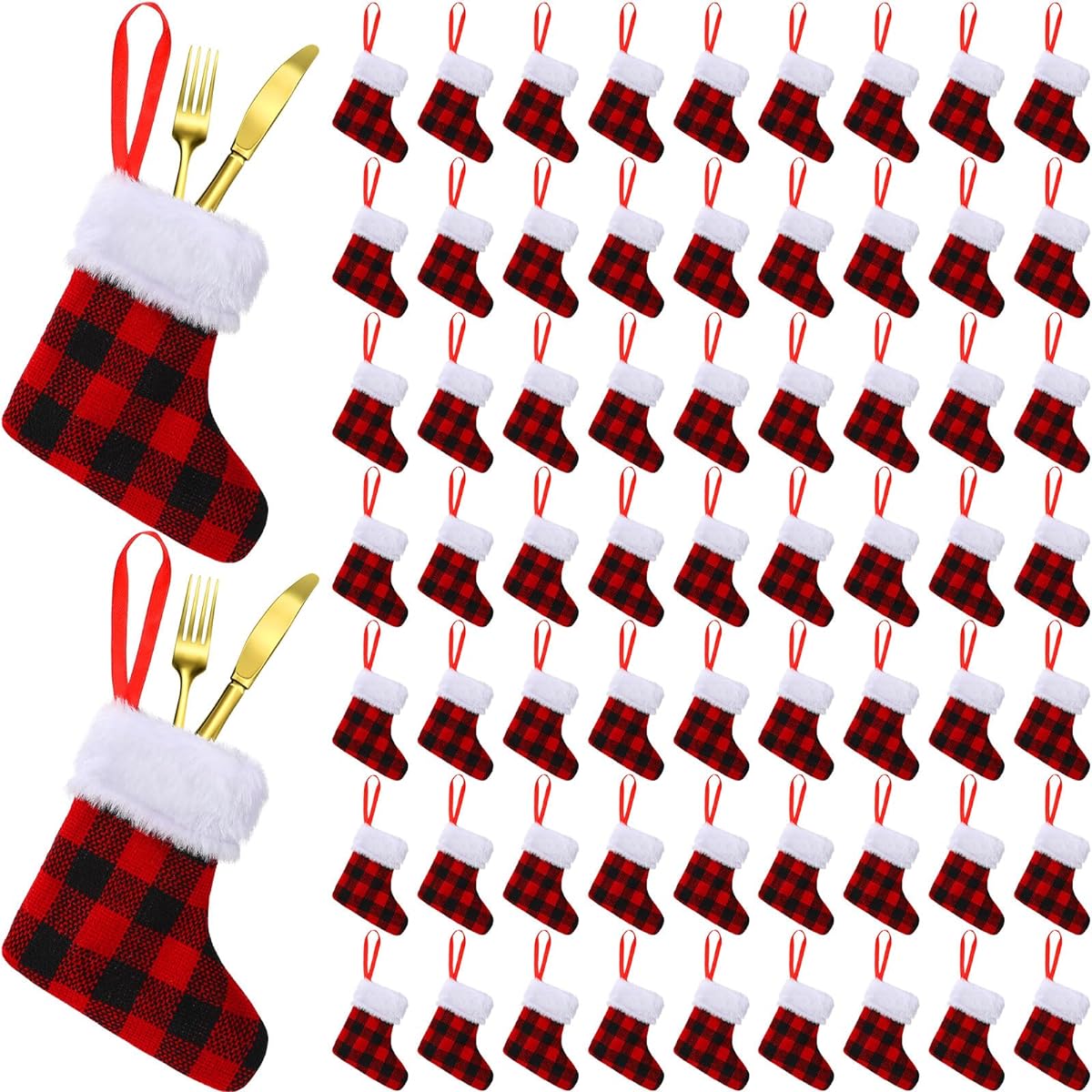 Seematn 150 Pack Bulk Mini Christmas Stockings 4.72 Inch Black and Red Buffalo Plaid Christmas Party Decorations