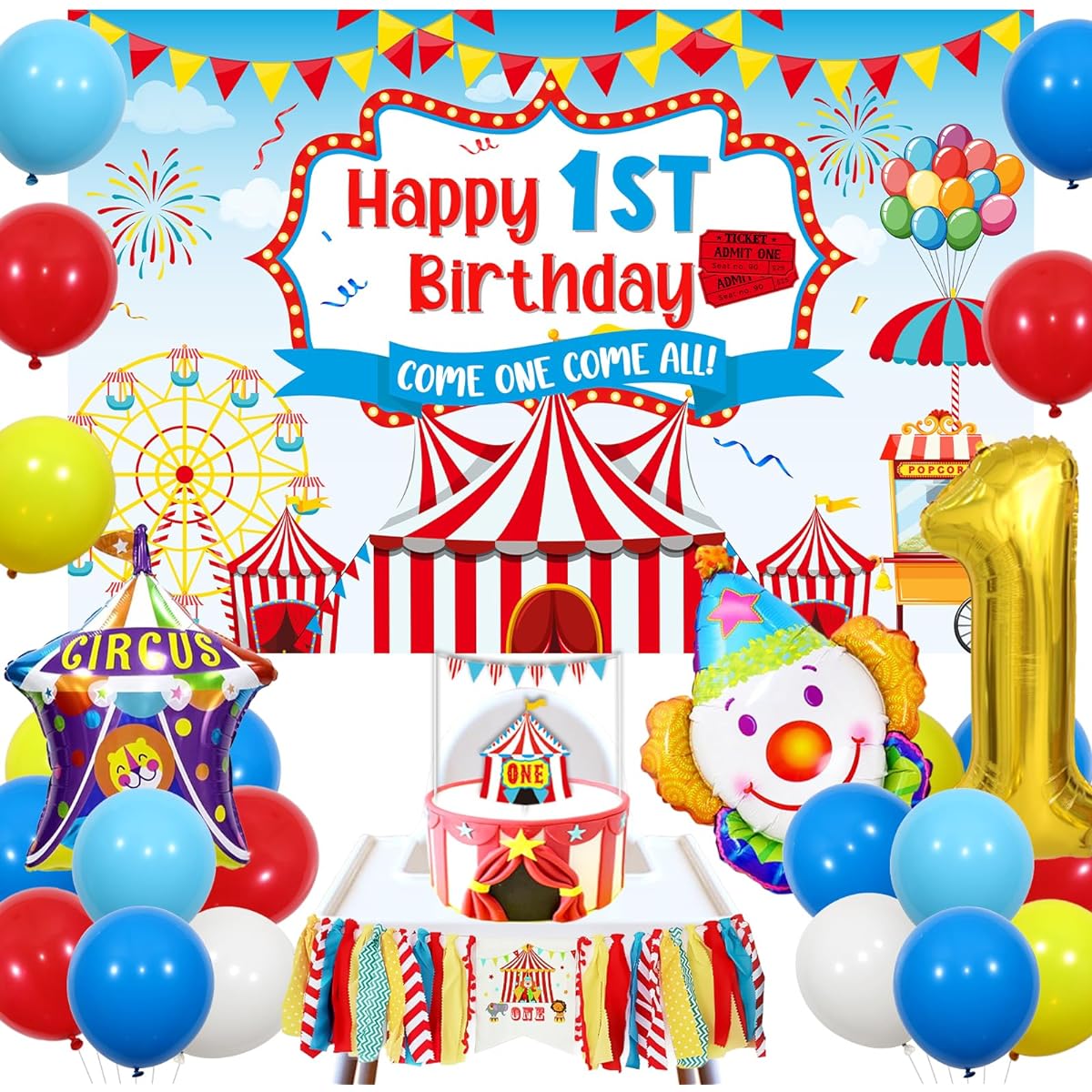Balterever Carnival Theme Party Decorations, 1st Birthday Circus Theme Party Supplies with Circus Happy Birthday Backdrop Cake Topper Carnival 1st Highchair Banner for Carnival Circus Showman Party
