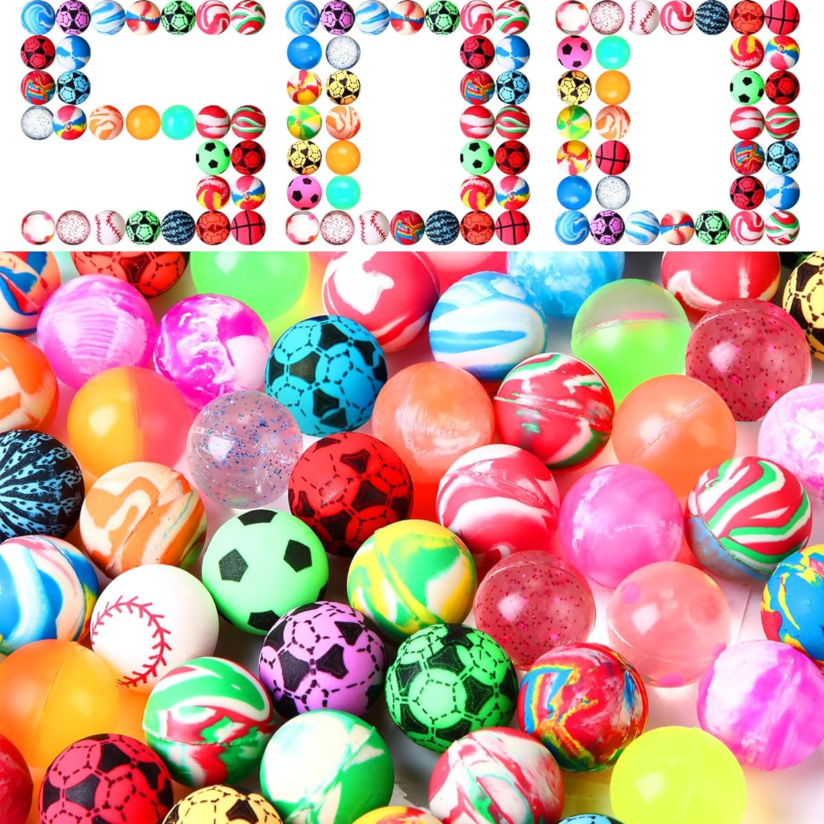 PullCrease 500 Pieces Bouncy Balls Bulk 25mm Colorful Bouncing Balls Mixed Pattern Small Rubber Balls Game Prizes Kids Party Favors for Vending Machine