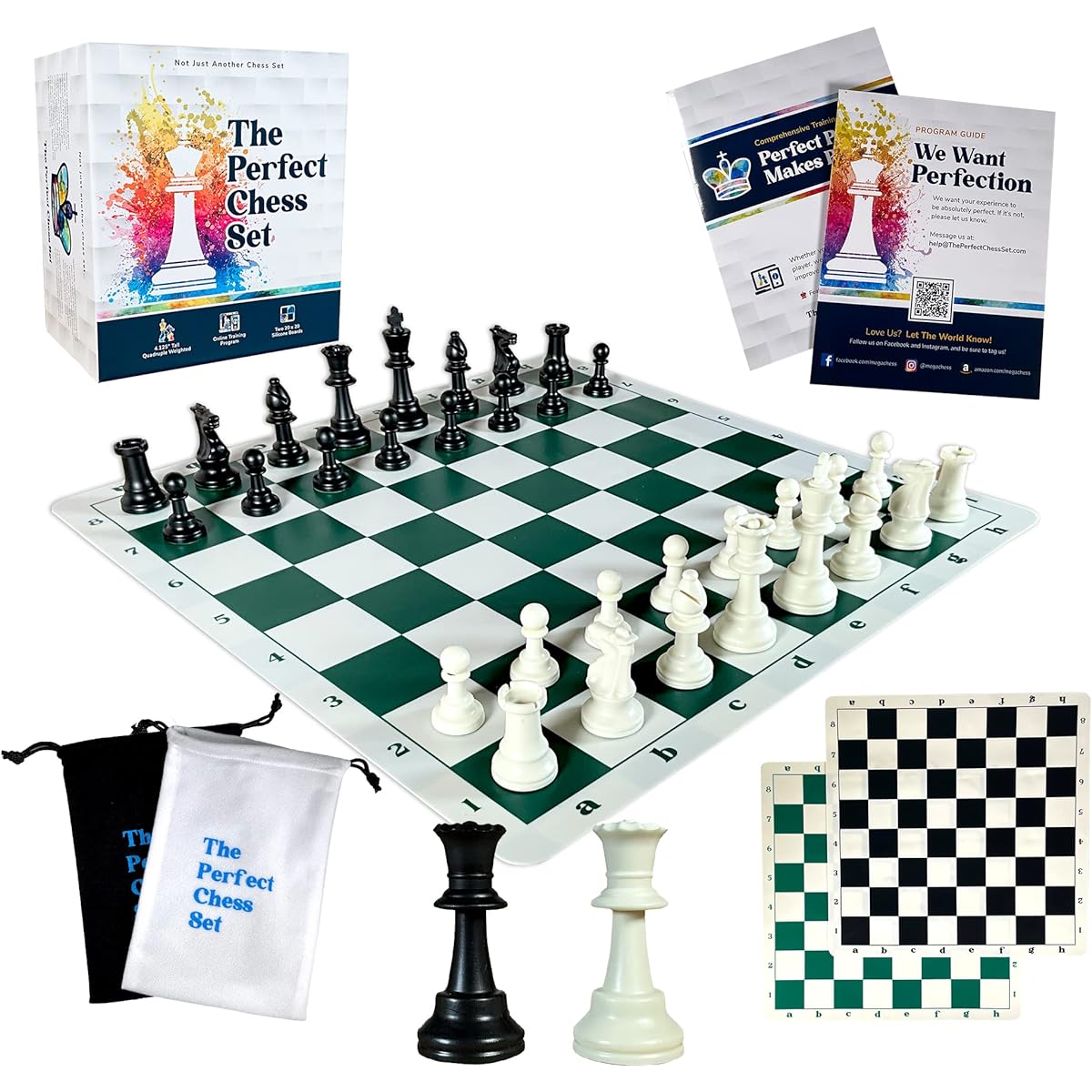 Perfect Chess Set Tournament Chess Set 20" x 20" 2 Foldable Silicone Boards Triple Weight Staunton Pieces Carry Box and Bag Classic Heavyweight Edition