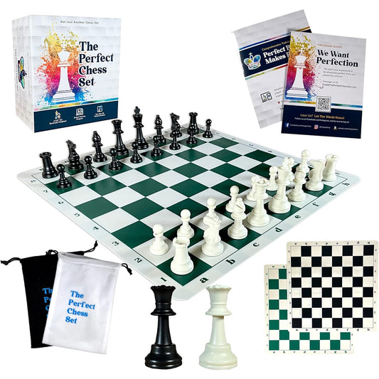 Perfect Chess Set Tournament Chess Set 20" x 20" 2 Foldable Silicone Boards Triple Weight Staunton Pieces Carry Box and Bag Classic Heavyweight Edition