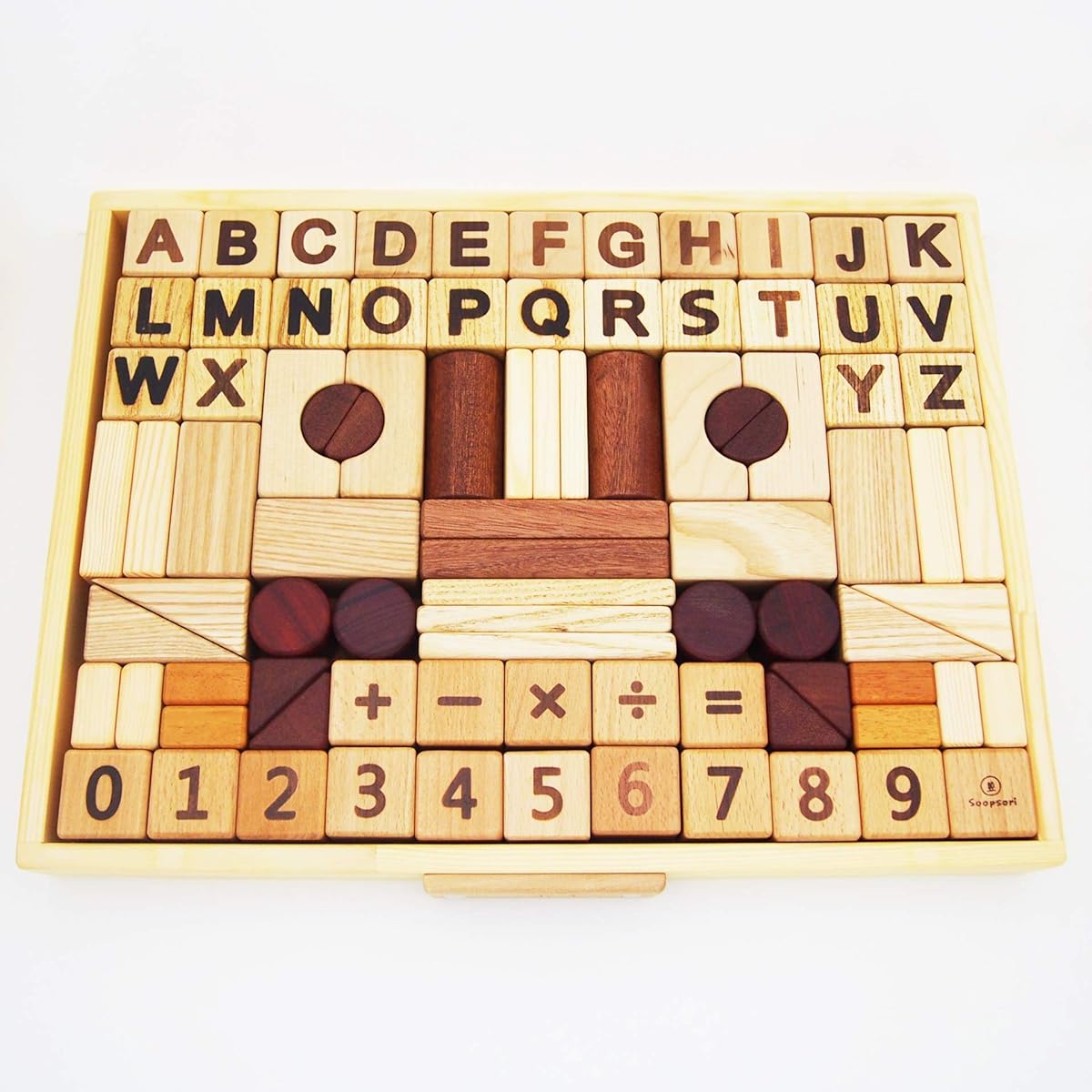 Spsoli Building Blocks Alphabet & Numbers Calculation Symbols 88 Pieces Personalized Wooden Box with Instructions for Play (Personalized Plate)