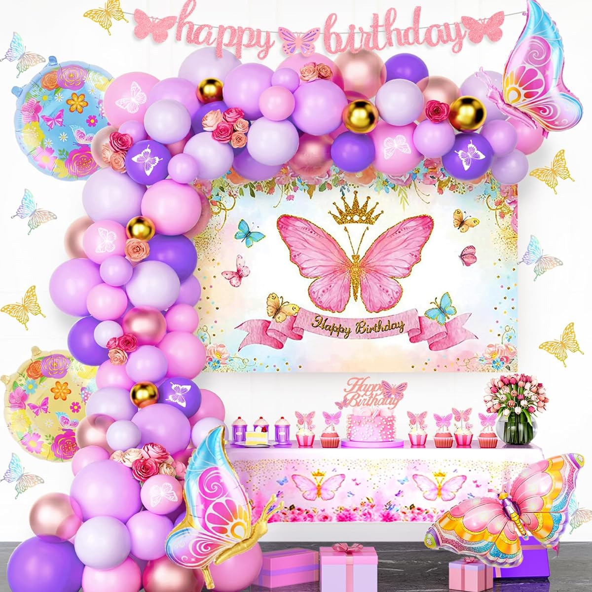 Fiesec Butterfly Birthday Party Decorations, 133 Pieces Butterfly Backdrop Balloon Garland Arch Glitter Banner Tablecloth Cake Cupcake Toppers 3D Butterfly Floral Gold Pastel Purple Pink