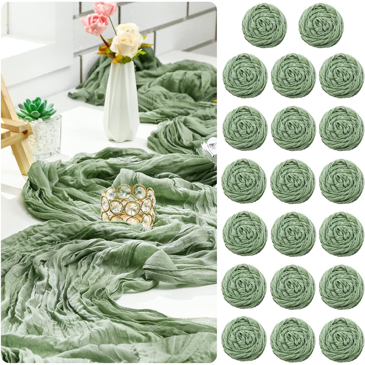 Tudomro 20 Pack Cheesecloth Table Runner Chiffon Table Runner 35 x 120 Inch Bohemian Table Runner Rustic Table Runner Bohemian Wedding Decoration (Sage Green)
