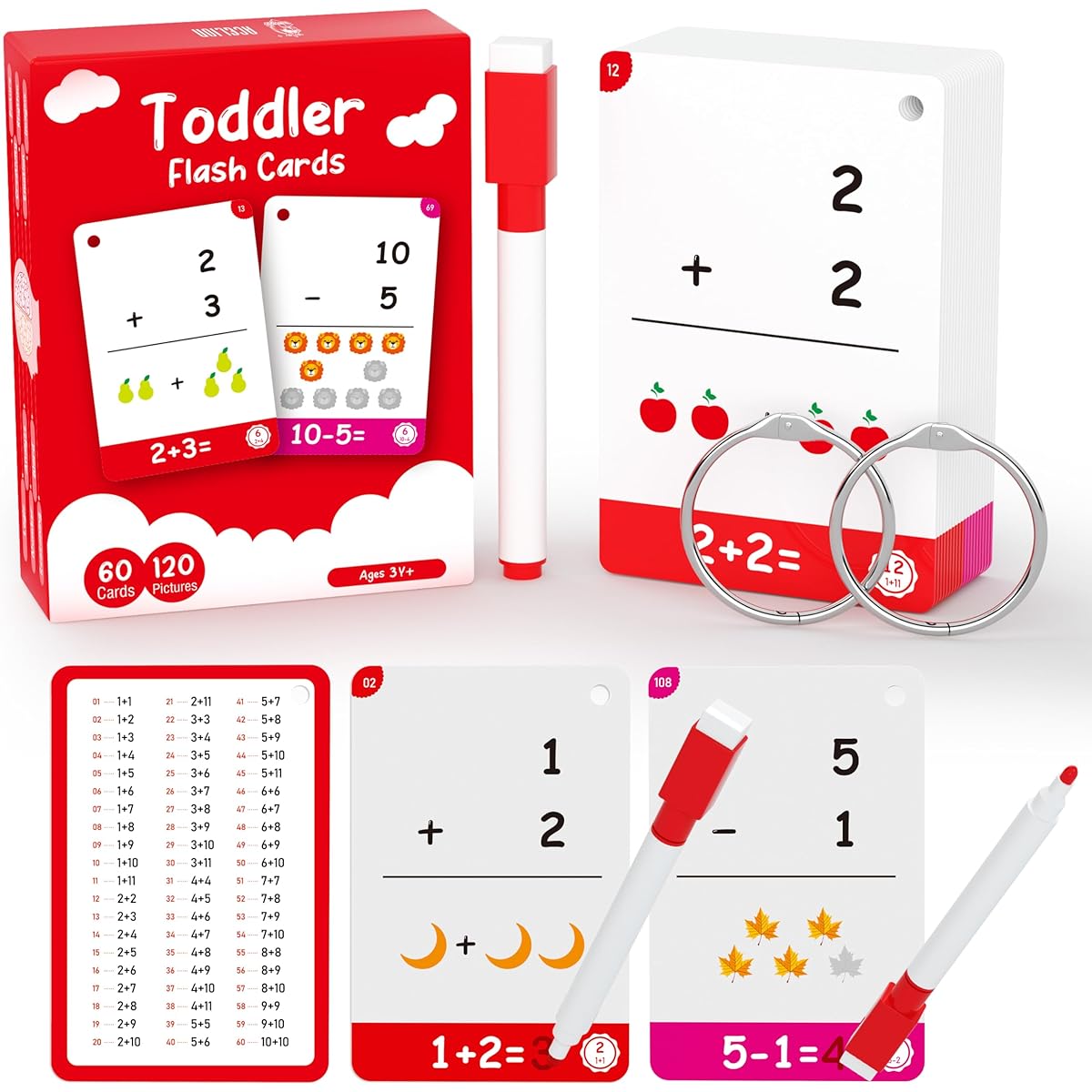 60 Cards 120 Cards Toddler Flash Cards Toddlers 3 Years Old 4 Years Old 5 Years Old 6 Years Old Kindergarten 1st 2ND 3RD Addition Subtraction Flash Cards