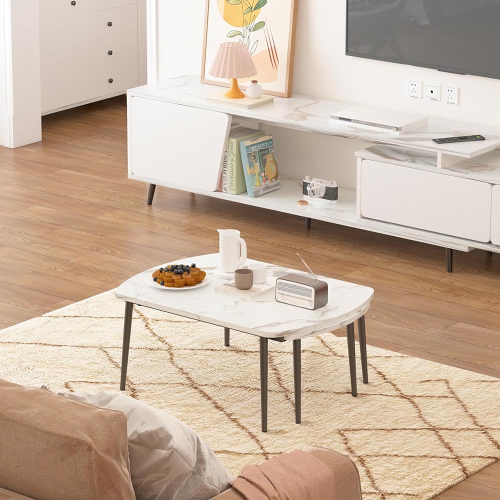 LYNCOHOME Low Table Living Table Sliding Stylish For Single Living Space Saving Marble Style Scandinavian Style [Width 70-120 x Depth 50 x Height 34cm]