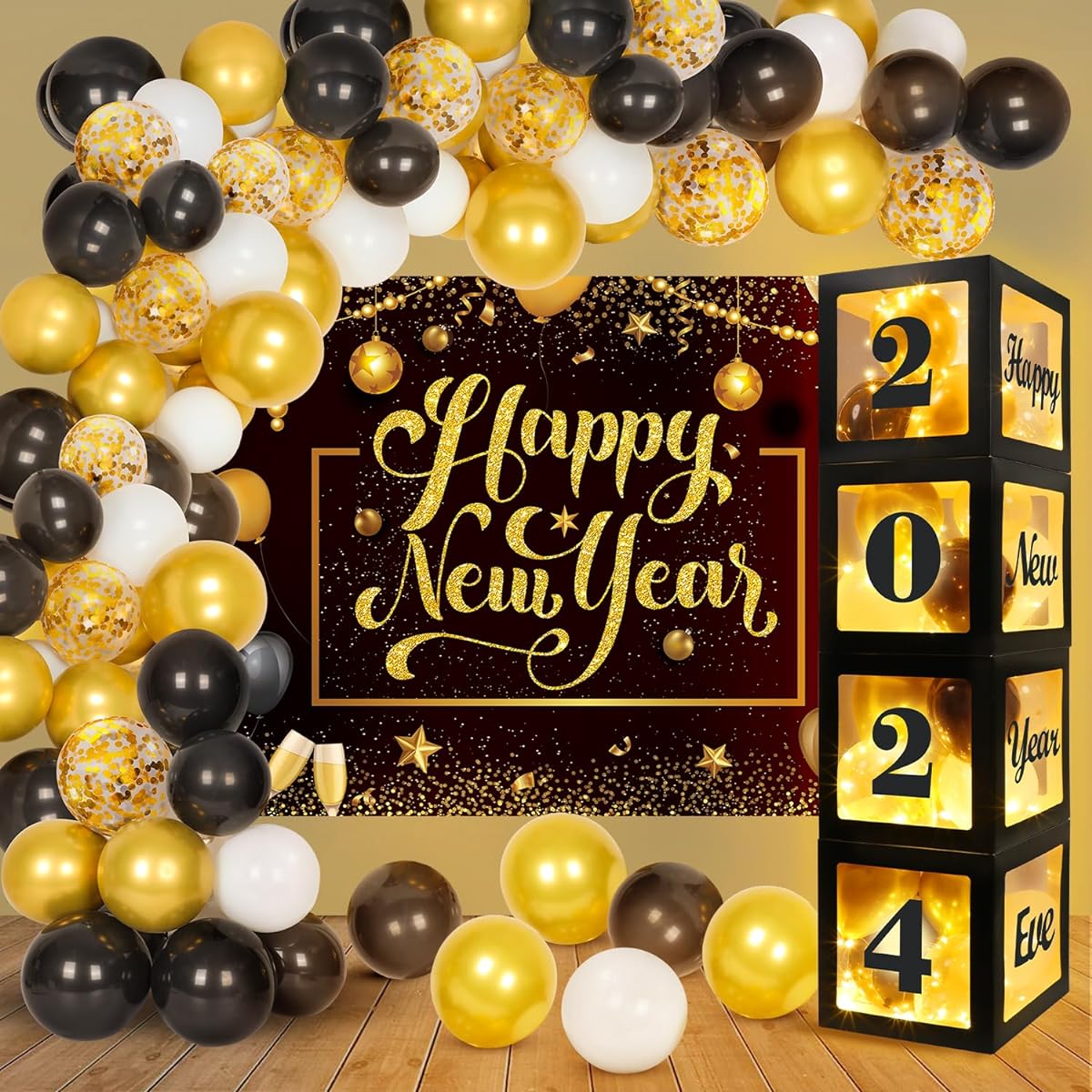 New Years Eve Party Supplies 2024 Happy New Years Decoration Kit 2024 Box Background Banner Black Gold Balloons Garland Arch 80 Pieces Balloons Happy New Year Decorations Adults Kids Party Decoration