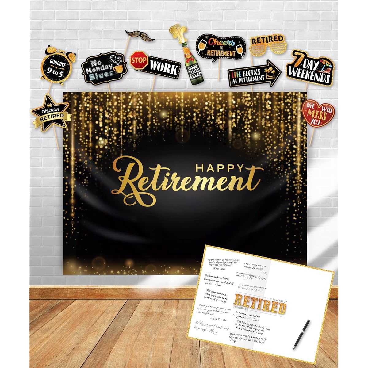 Happy Retirement Party Decorations Backdrop | Retirement Gift Sign Board | Photo Booth Props Black & Gold Party Supplies | Jumbo Greeting Card Guest Book for Men Women Colleagues