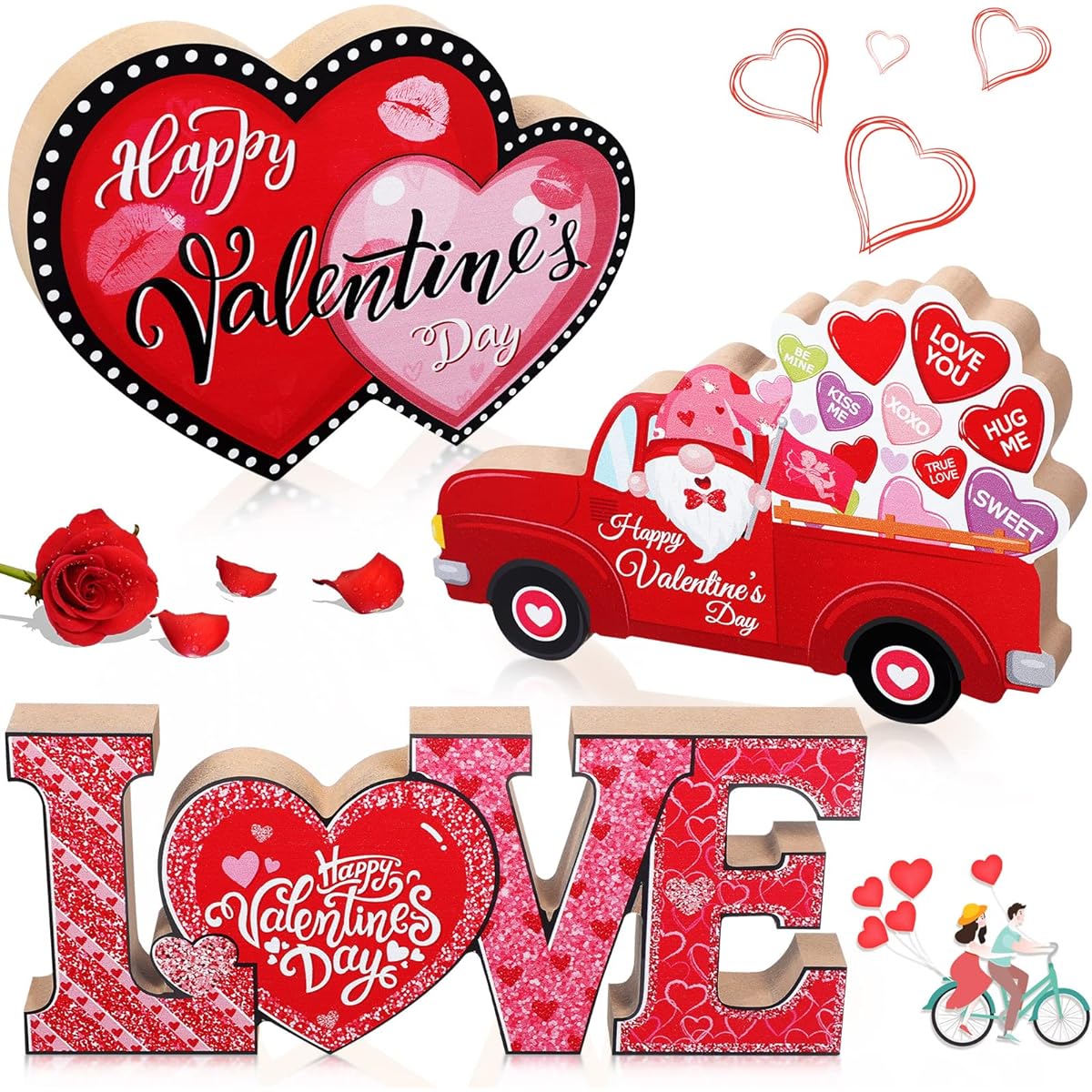 3 Pieces Valentine Wooden Tabletop Sign Valentine's Day Table Decoration Love Heart Red Truck Table Sign Happy Valentine's Day Wooden Centerpiece Table Decoration Wedding Party Supplies