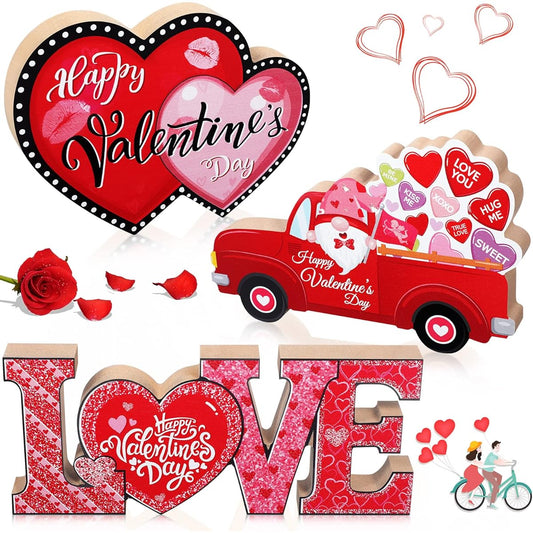 3 Pieces Valentine Wooden Tabletop Sign Valentine's Day Table Decoration Love Heart Red Truck Table Sign Happy Valentine's Day Wooden Centerpiece Table Decoration Wedding Party Supplies