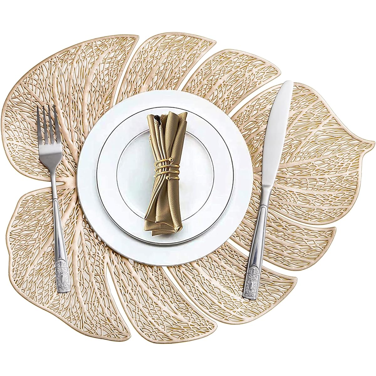 Bekith 12 Pieces Pressed Vinyl Metallic Placemats Wedding Accents Centerpieces Laminated Plastic Modern Dining Table Decorations (Gold Leaf Shape)