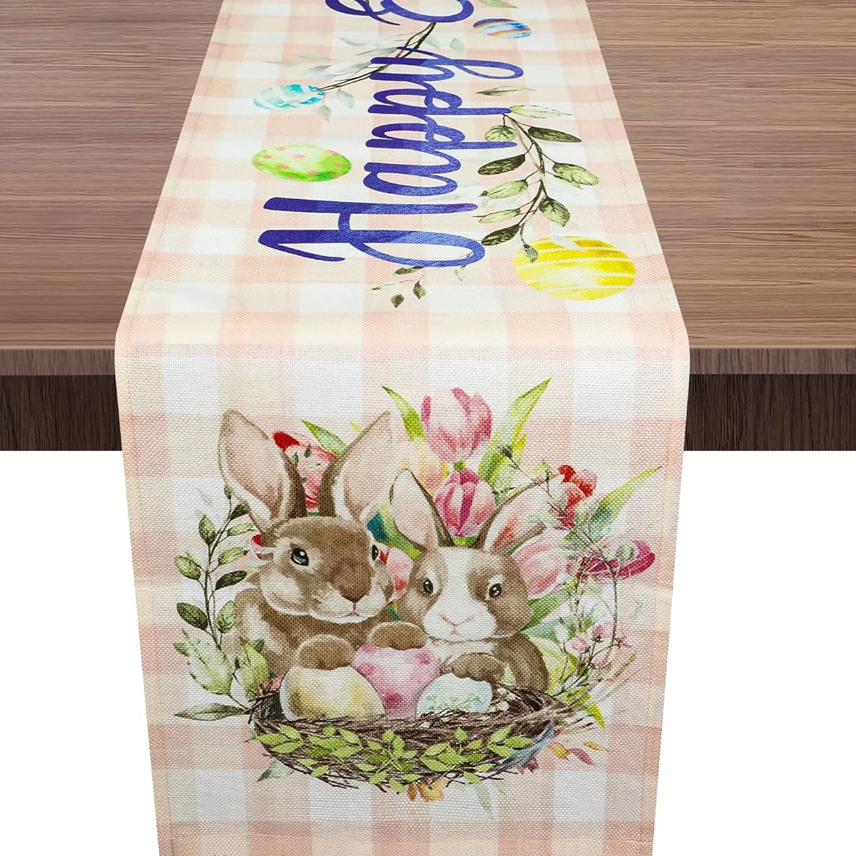 BOARDFEB Easter Table Runner Cute Bunny Flowers Leaves Eggs Happy Easter Runner Pink Spring Holiday Kitchen Dining Table Home Party Decor 13x72inch