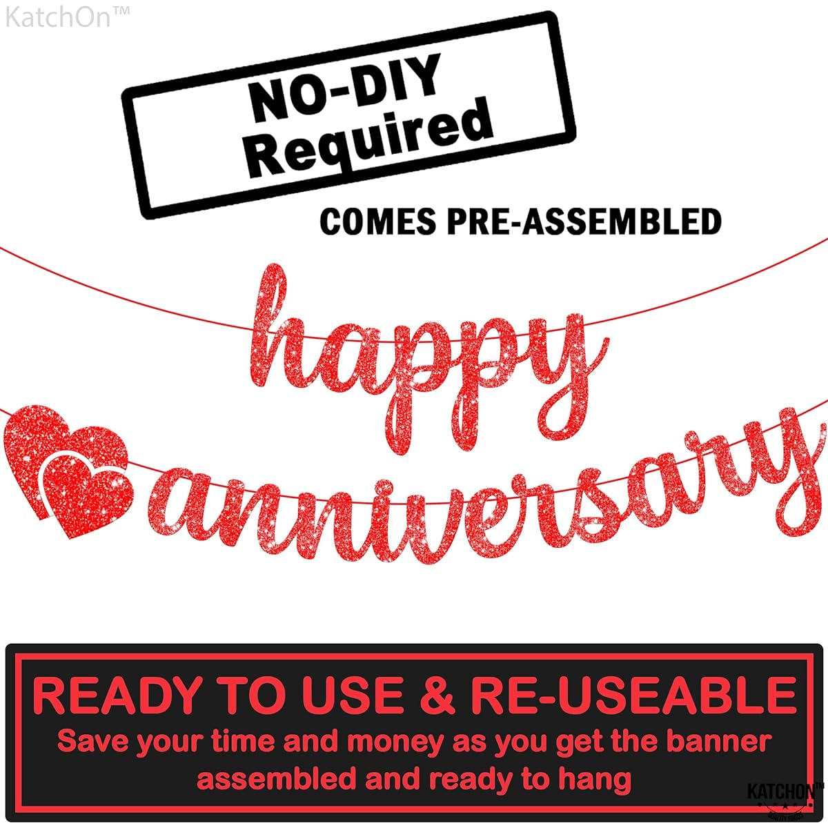 KatchOn, Glitter Red Happy Anniversary Banner with Hearts - 10ft, No DIY Required | Red Happy Anniversary Signs, Red Happy Anniversary Decorations for Party | Wedding Anniversary Decorations Romantic Decor