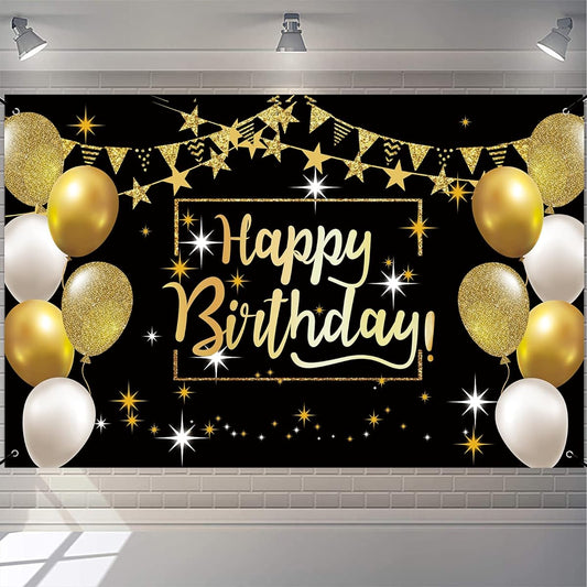6x4ft Black Gold Happy Birthday Banner Backdrop for Boys Men Women Birthday Party Decorations Supplies Photo Background