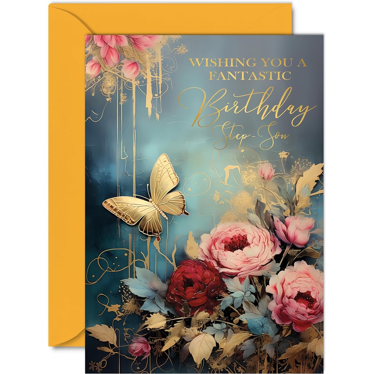 Beautiful Gold Birthday Card for Step Son - Amazing Golden Butterfly - Elegant Traditional Cute Birthday Card for Step Son from Step Mom Dad, A5 Gorgeous Greeting Card Gift