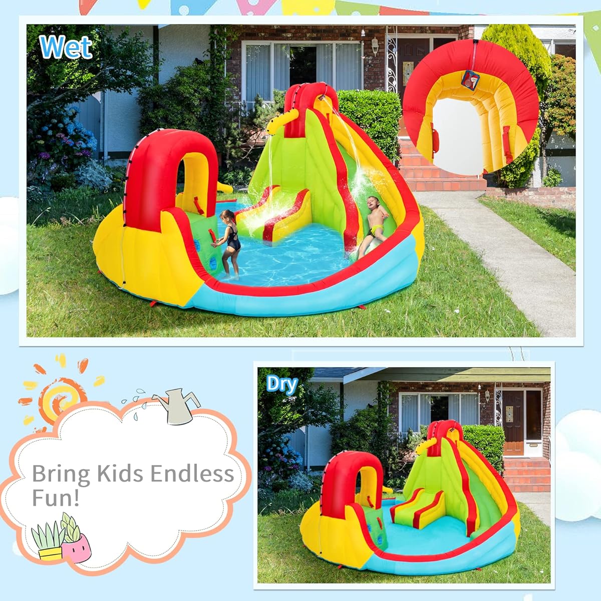 HONEY JOY Inflatable Water Slide, 7-in-1 Bouncy Inflatable Water Park with 2 Slides, Climbing Wall & Splash Pool, Hose, Water Cannon, Indoor Outdoor Blow Up Water Slide for Backyard (No Blower)